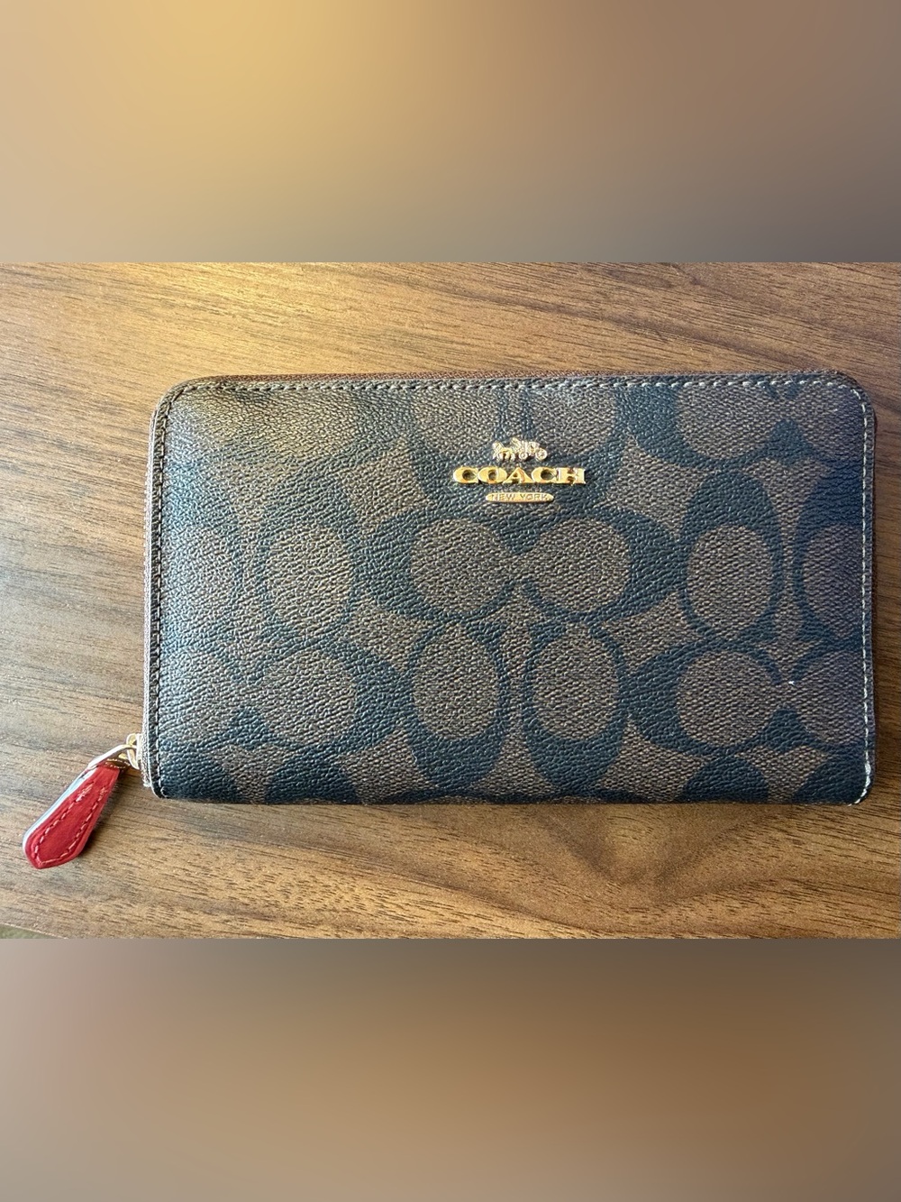 Coach Signature Canvas Wallet in Brown and Black with Gold Logo